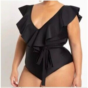ELOQUII BLACK DRAMA RUFFLE SHOULDER WITH BELT ONE PIECE SWIMSUIT SIZE 26 plus si